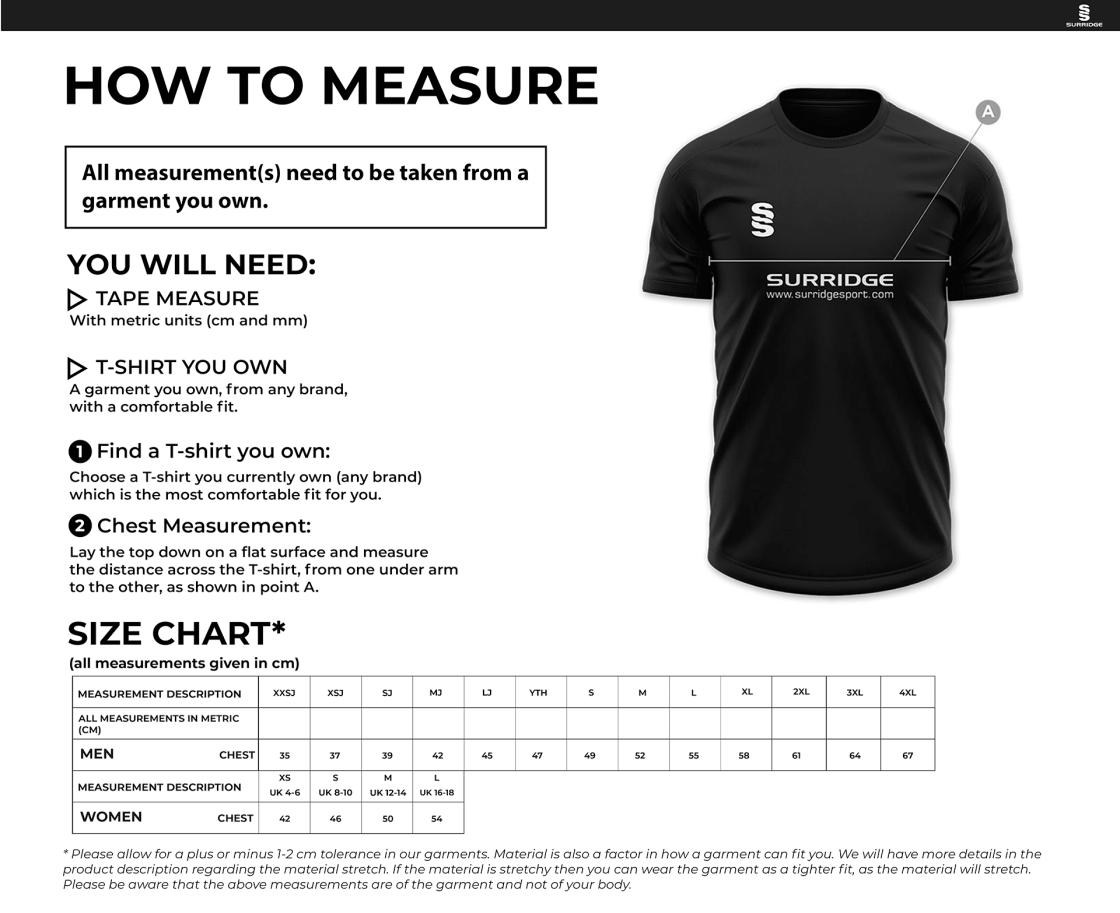 Ashington Rugby CC - Short Sleeved Playing T-Shirt - Size Guide
