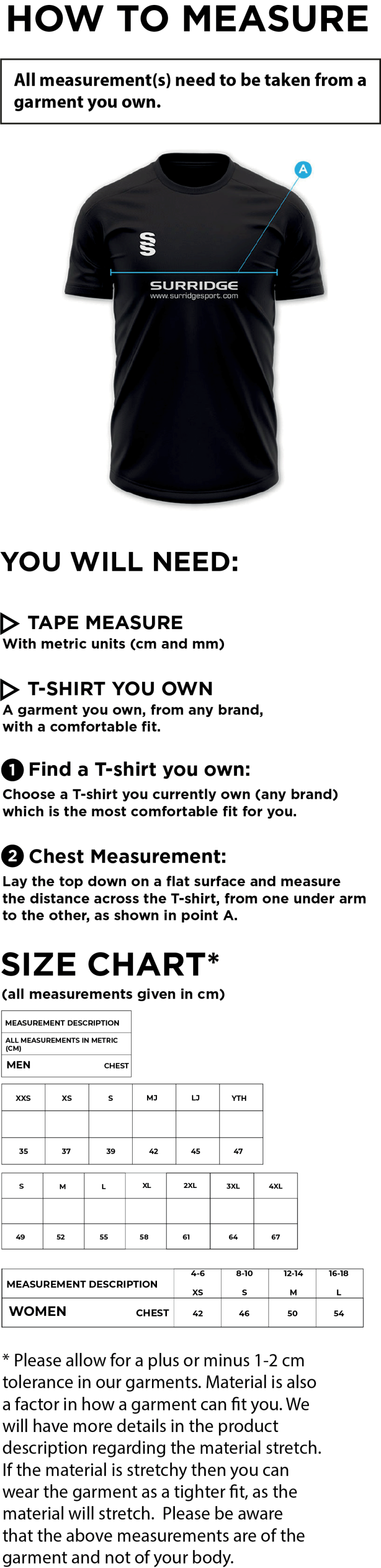 Ashington Rugby CC - Short Sleeved Playing T-Shirt - Size Guide